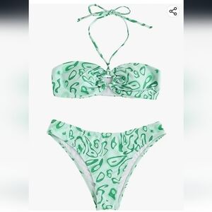 Milumia O'Ring  Tie Back Halter Bikini Set Allover Print in Green Size L